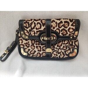 Rafe New York Leopard Print Black Tan Calf Hair Leather Clutch Wristlet